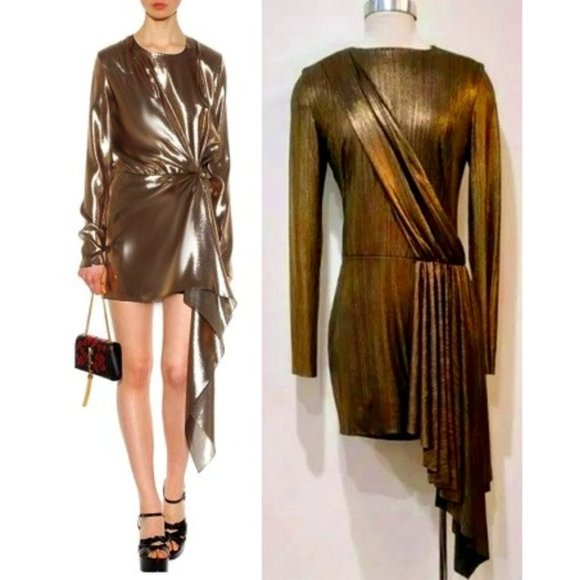 💥SPECTACULAR💥Gold Asymmetrical Draped Mini Cocktail Dress - Picture 1 of 15